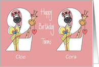 Birthday for 2 Year Old Twin Girls, Custom Names & Zoo Animals card
