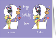 Birthday for 2 Year Old Boy & Girl Twins, Custom Names & Animals card