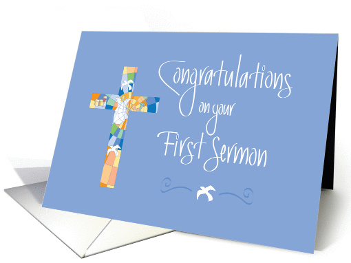 First Sermon Congratulations, Stained Glass Cross on Blue card