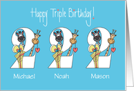 2nd Birthday for Boy Triplets, Zoo Animals with Custom Names card