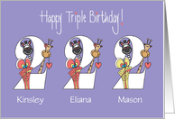 2nd Birthday for Triplets, 2 Girls & 1 Boy, Custom Names & Animals card