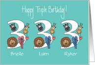 3rd Birthday Triplets, 2 Boys & 1 Girl, Custom Names & Animals card