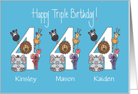 Birthday 4 Year Old Triplets, 2 Boys & 1 Girl with Custom Names card