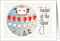 Hand Lettered Teacher of the Year with Students, Books and Apples card