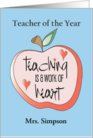Hand Lettered Teacher of the Year Apple with Hearts and Custom Name card