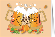 Invitation to Oktoberfest Toasting Glass Beer Mugs Bubbles and Leaves card