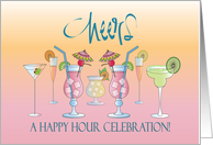 Invitation to Happy Hour Celebration with Row of Colorful Cocktails card