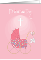 Baby Dedication for Baby Girl, Pink Floral Carriage & White Cross card