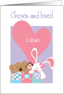 For Adopted Girl, Bear & Bunny with Custom Name in Heart card