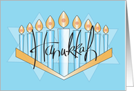 Hand Lettered Hanukkah Menorah, Blue and White Candles card
