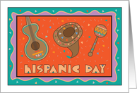 Hand Lettered Hispanic Day, with Guitar, Sombrero and Maraca card