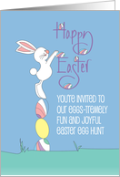 Hand Lettered Invitation to Easter Egg Hunt with Bunny on Stacked Eggs card