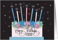 Hand Lettered Floral Birthday Cake with Decorated Candles for Frister card