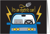 Hand Lettered Electric Car Electricity Bolts and Plug-In to Blue Car card