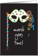Mardi Gras Time with Decorated Polka Dot Mask & Colorful Ribbons card