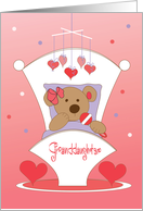 First Valentine’s Day for Granddaughter Bear with Red Bow in Cradle card