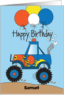 Hand Lettered Boy’s Birthday Monster Truck Balloons and Custom Name card