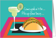 Hand Lettered Grab a Rita Party Invitation with Margarita and Tacos card