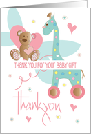 Hand Lettered Baby Gift Thank you for Girl Giraffe and Stuffed Bear card