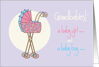 Congratulations, boy & girl twin grandchildren, colorful strollers card