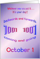 Happy Birthday 10-01 palindrome 1001 October 1 card