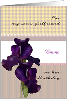 Birthday for Son’s Girlfriend Deep Purple Irises Patterned Borders card