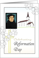Reformation Day, Martin Luther, sketch of church and crucifix card
