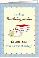 Custom Birthday Any Relation Away at College Books and Iced Cake card