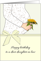 Birthday for Expecting Daughter in Law Holding Flower Close to Tummy card