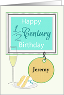 Half Century Birthday Custom Name Champagne and Cake card