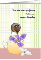 Robin Perched on Mug Rim Iris Dogwood Flower Birthday Son’s Girlfriend card