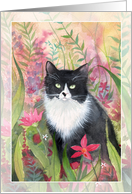 Tuxedo Cat in Colorful Garden Thank You card