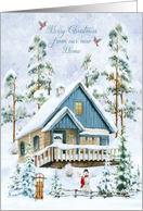 Christmas From Our New Home Snowy Cabin Winter Scene card
