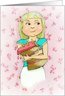 Cute Birthday Girl Eating Cake with Full Cheeks on rose background! card