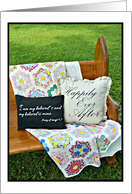 Church pew with vintage blanket and pillows for wedding day card