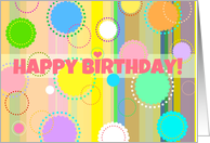 Happy Birthday missing you, with bright stripes, doilies and polka dots! card