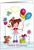 Happy Birthday - Little Girl with balloons and her bear card