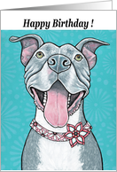Happy Birthday Blue Pit Bull Terrier Canine Dog Flowers Art Painting card