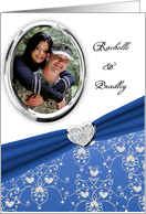 Elegant Blue Diamond Heart Damask Wedding Invitation Custom Photo Card