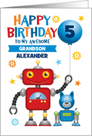 Customizable Grandson Cute Robot and Dog Happy Birthday card