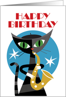 Birthday Cool Cat in Beret Playing Saxophone card