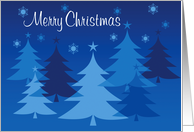 Merry Christmas, Blue Pine Trees, Stars and Snowflakes card