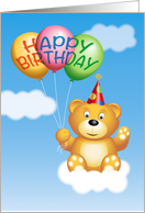 Cute Bear with Party Hat on a Cloud with Balloons, Happy Birthday card