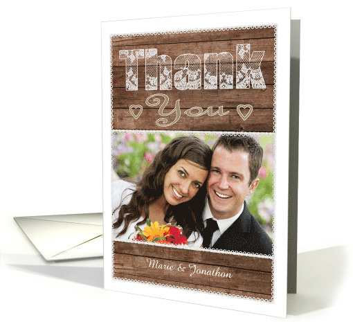 Rustic Wood and Lace Wedding Photo Thank You for the Wedding Gift card