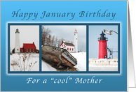 Happy January Birthday for a Cool Mother, Lighthouses in Winter card