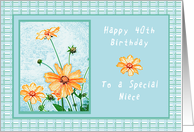 Happy 40th Birthday to a Niece, Orange flowers, gingham card