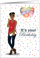 Birthday for her - Gorgeous and stylish black woman with balloons card