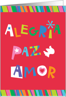 Joy, Peace, Love Spanish Bright Fun Letters With Stars, Heart, Dove card