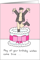 Fun Gay Birthday Man In Leather Leaping Out of a Cake Cartoon card