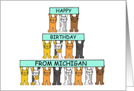 Happy Birthday from Michigan Cartoon Cats Holding Up Banners card